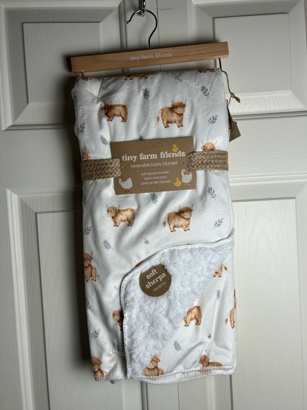 Tiny Farm Friends Highland Cow Baby Blanket Tan Brown White SL Home Fashions
